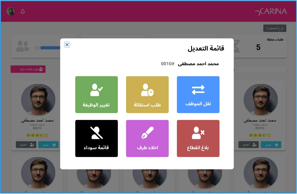 Carina staffing dashboard with the HR actions menu