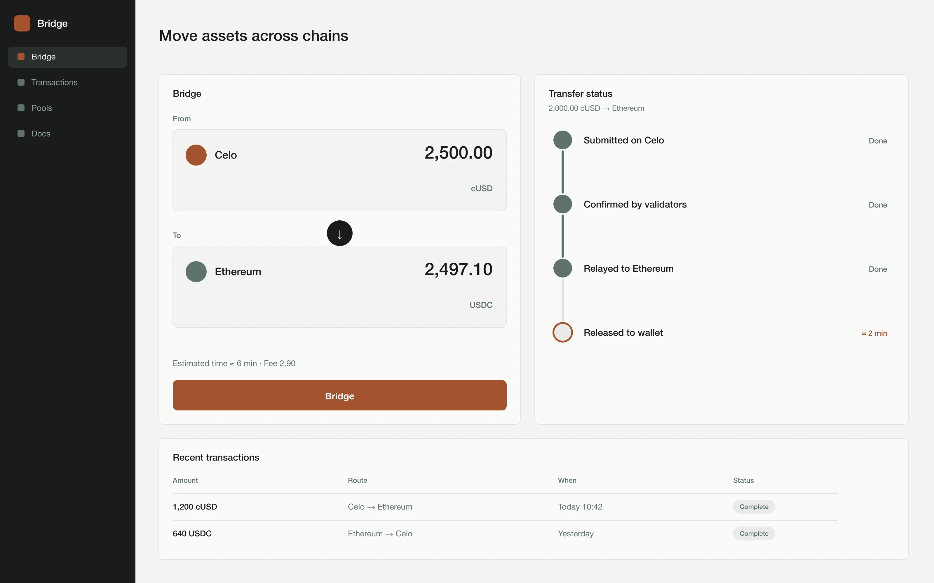 The bridge interface moving tokens from Celo to Ethereum, with transfer status