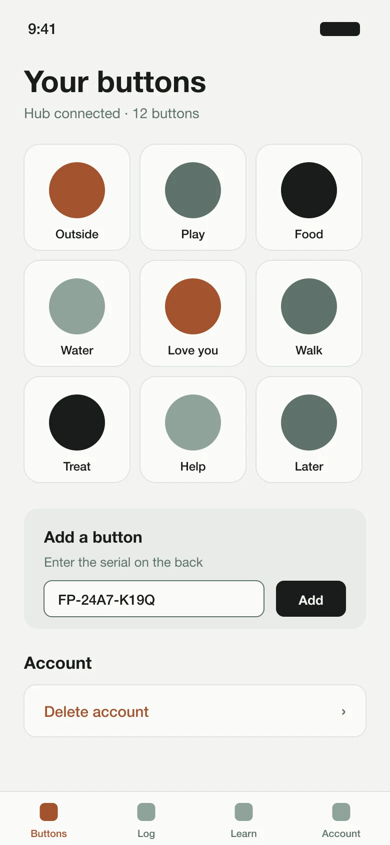 FluentPet's app with the pet's buttons and adding a new one by serial