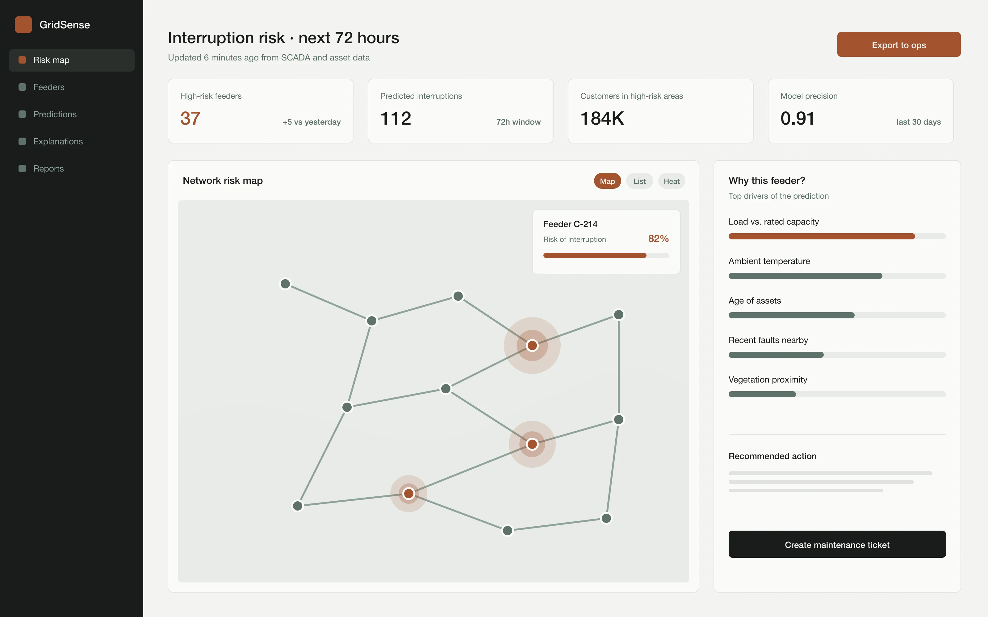 Grid risk map with predicted interruptions and their drivers