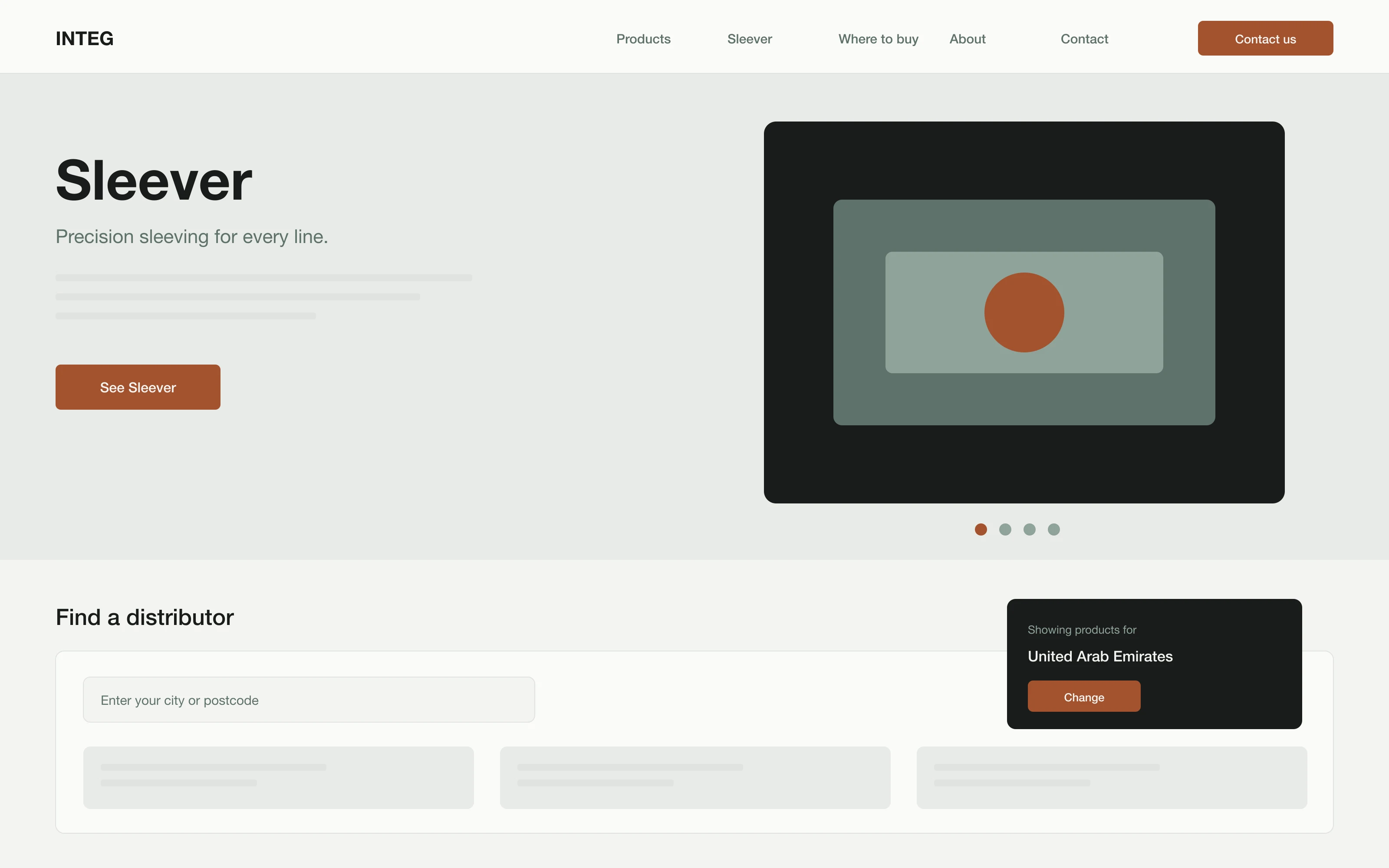 Integ's website with the Sleever product and distributor finder