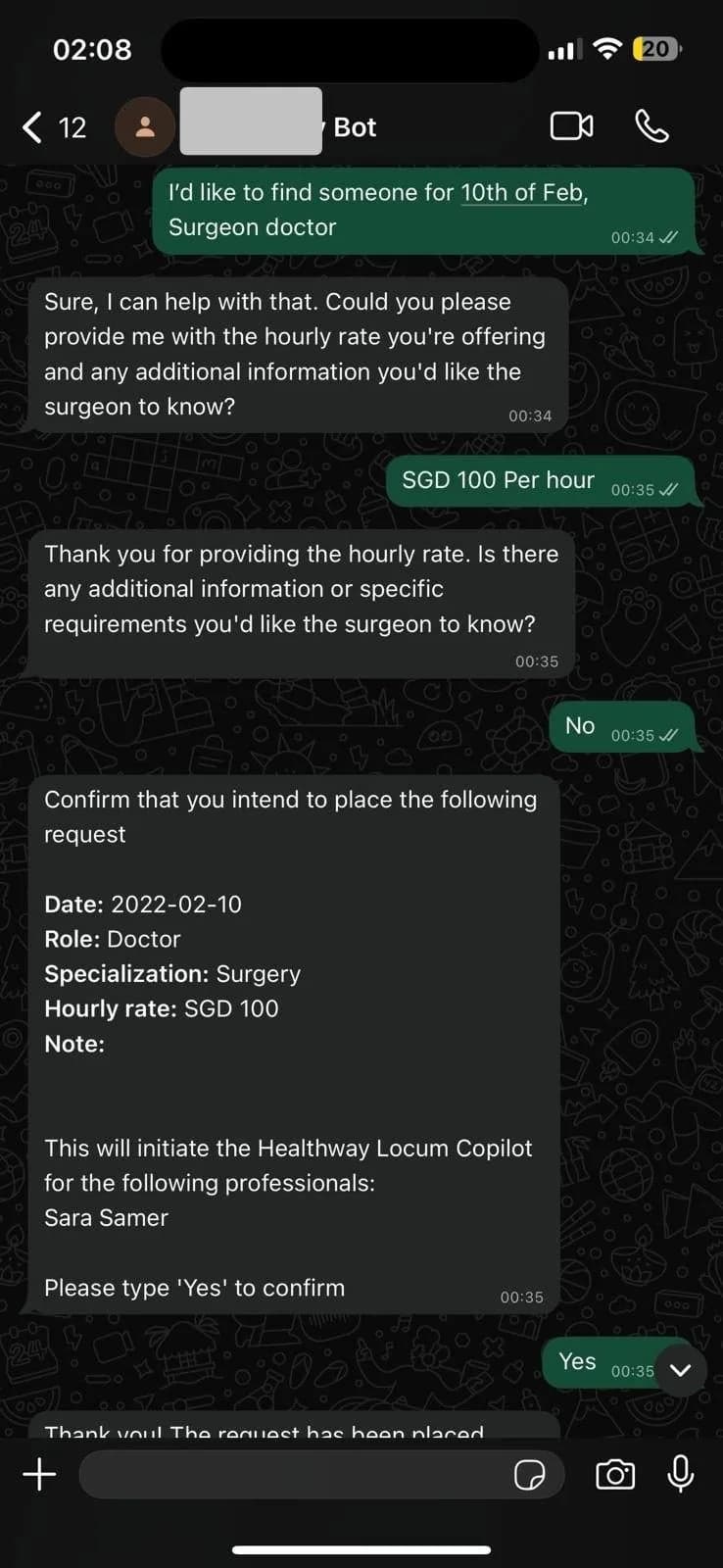 A clinic manager requesting a surgeon through the WhatsApp agent
