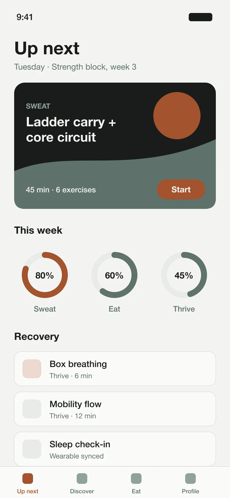 O2X's Up next screen with today's workout and weekly progress