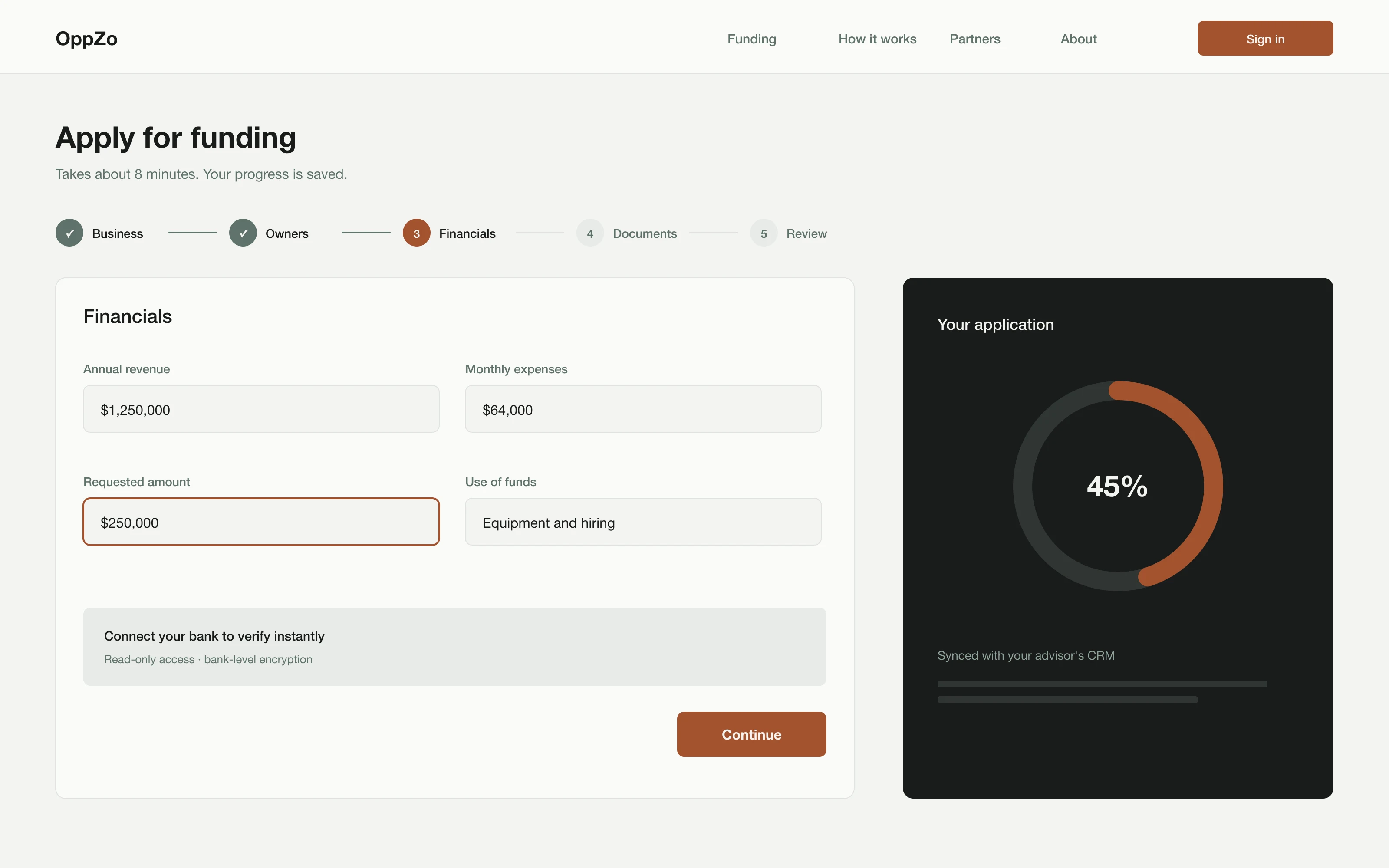A multi-step funding application on the financials step
