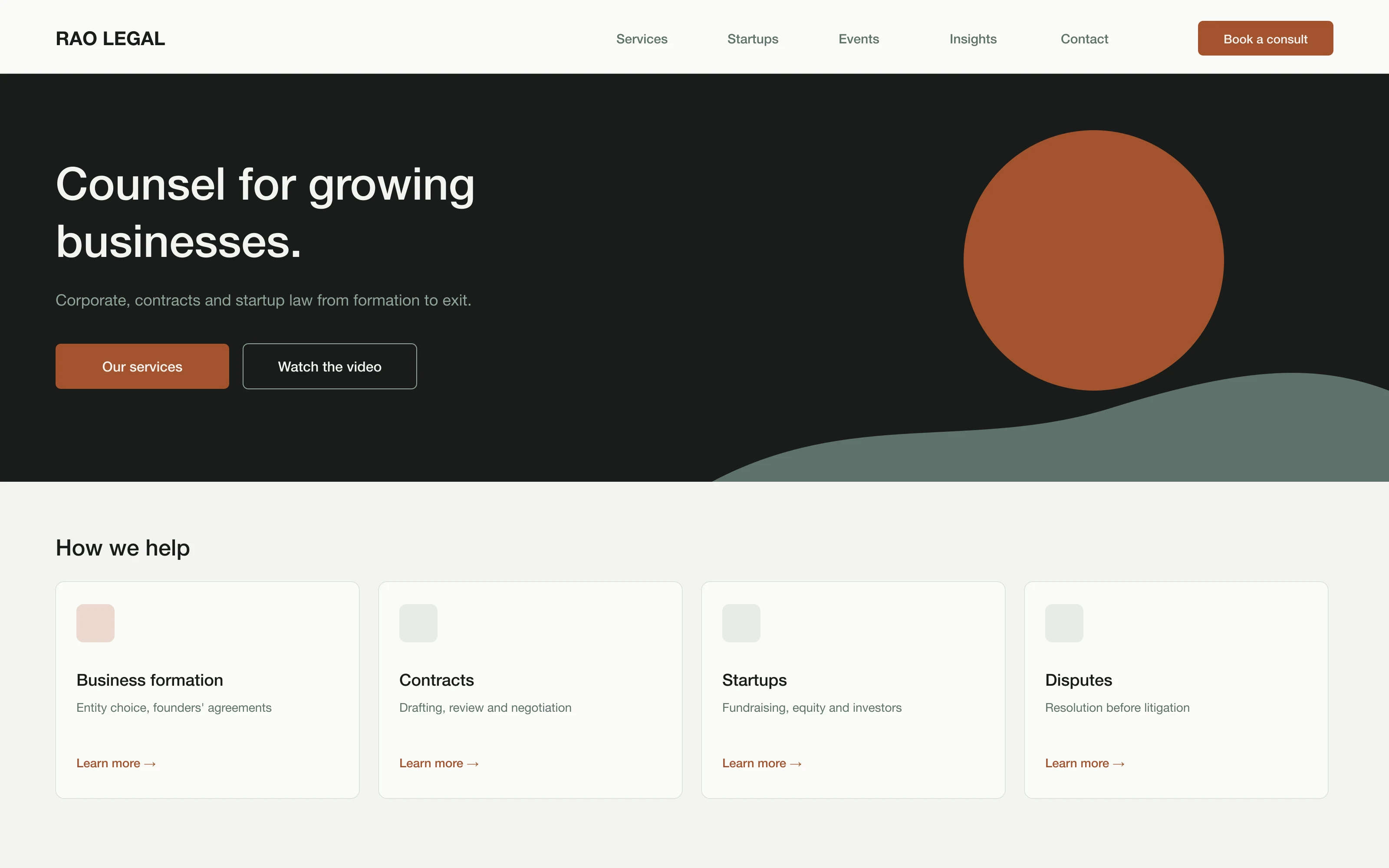 Rao Legal's homepage with services for growing businesses