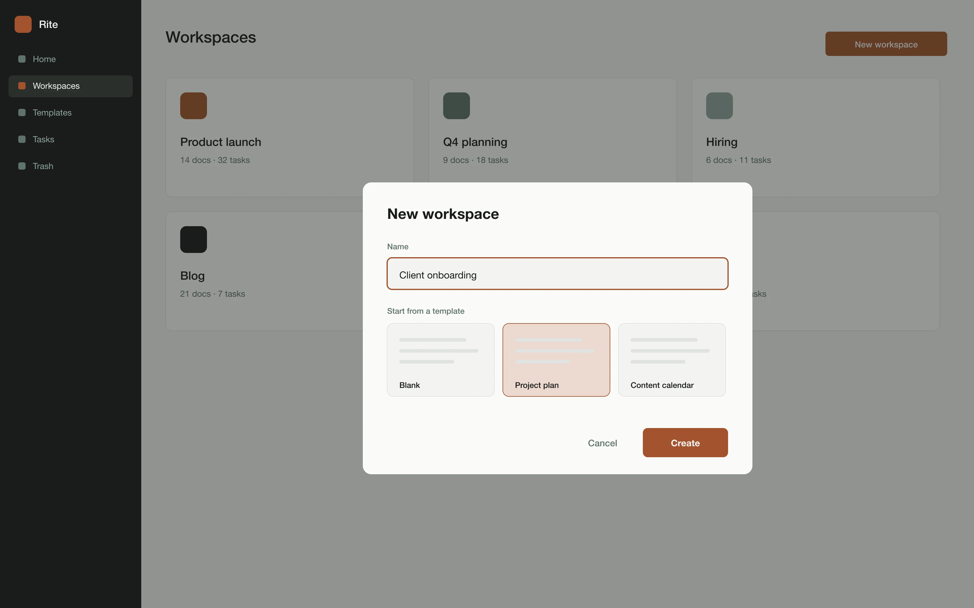 Creating a new workspace from a template