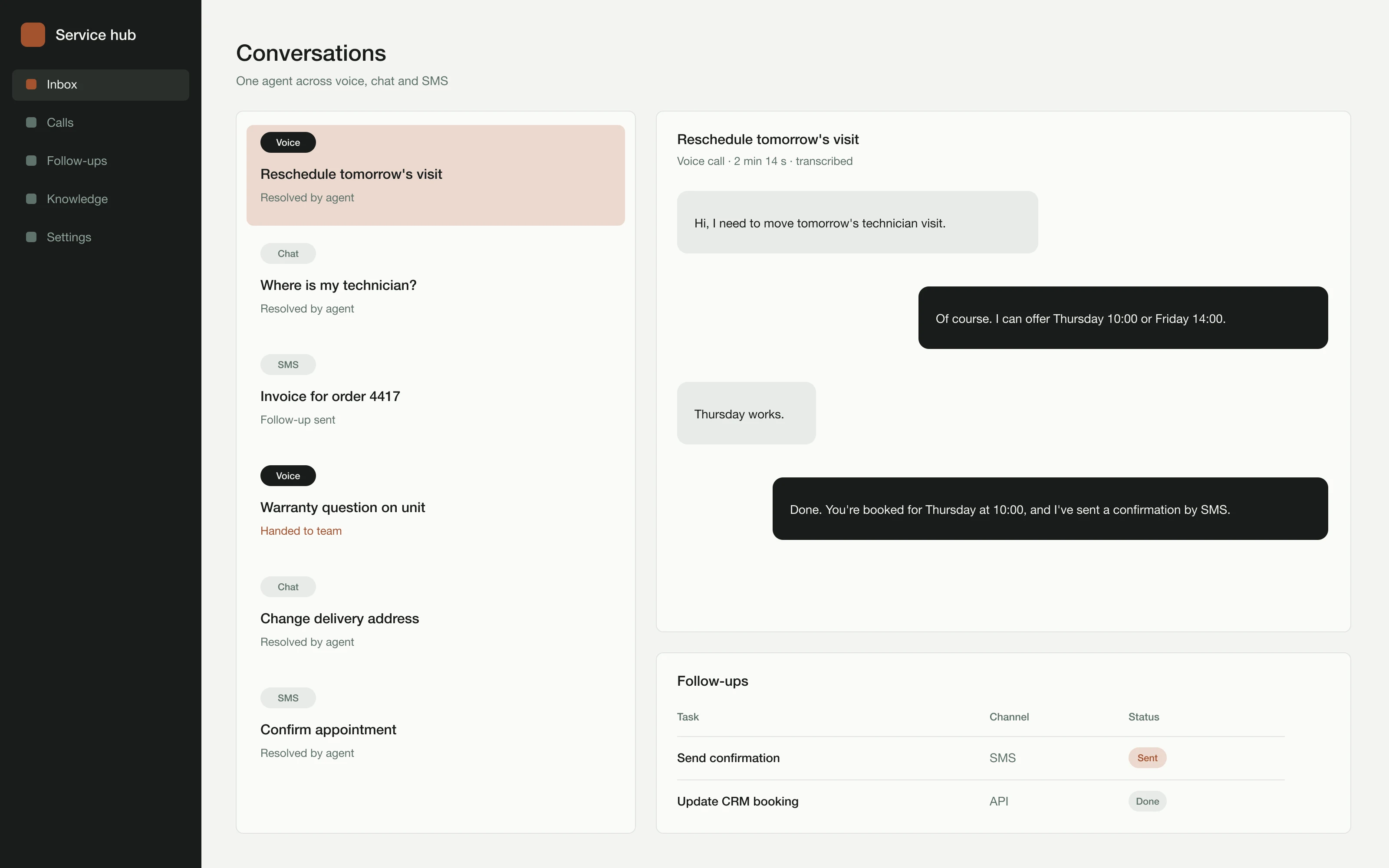 A unified inbox of voice, chat and SMS conversations handled by the agent
