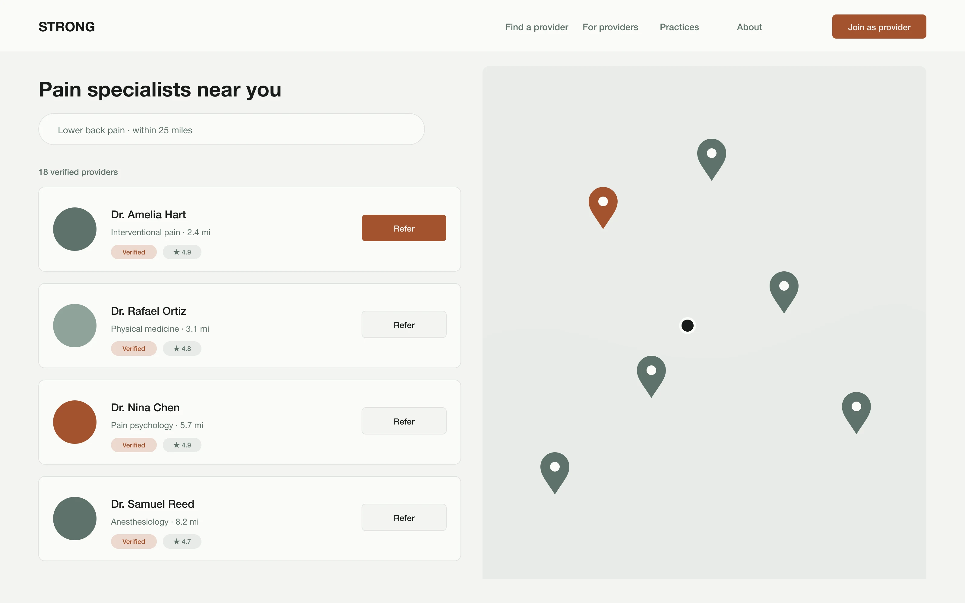 Provider search with verified pain specialists on a map