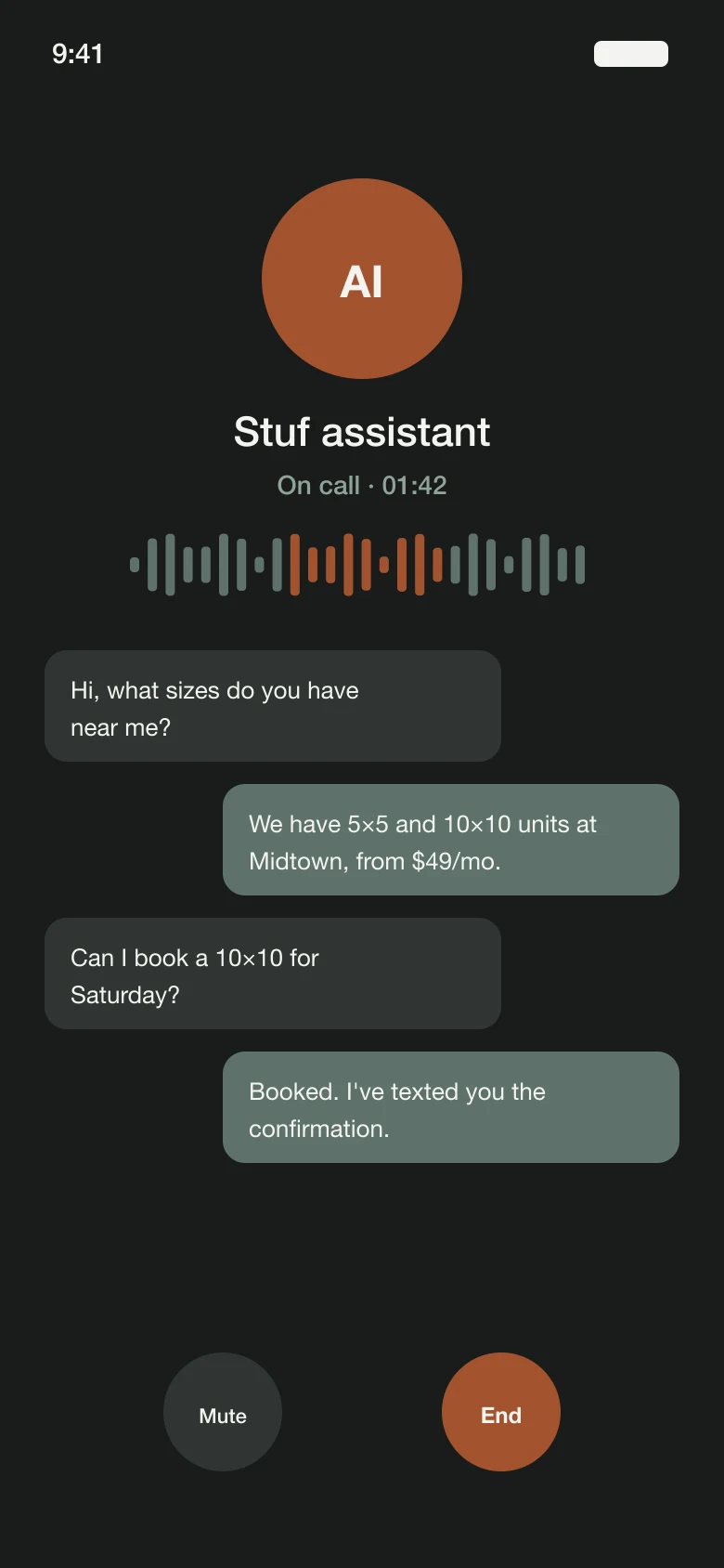 A live phone call with the storage voice agent and its transcript