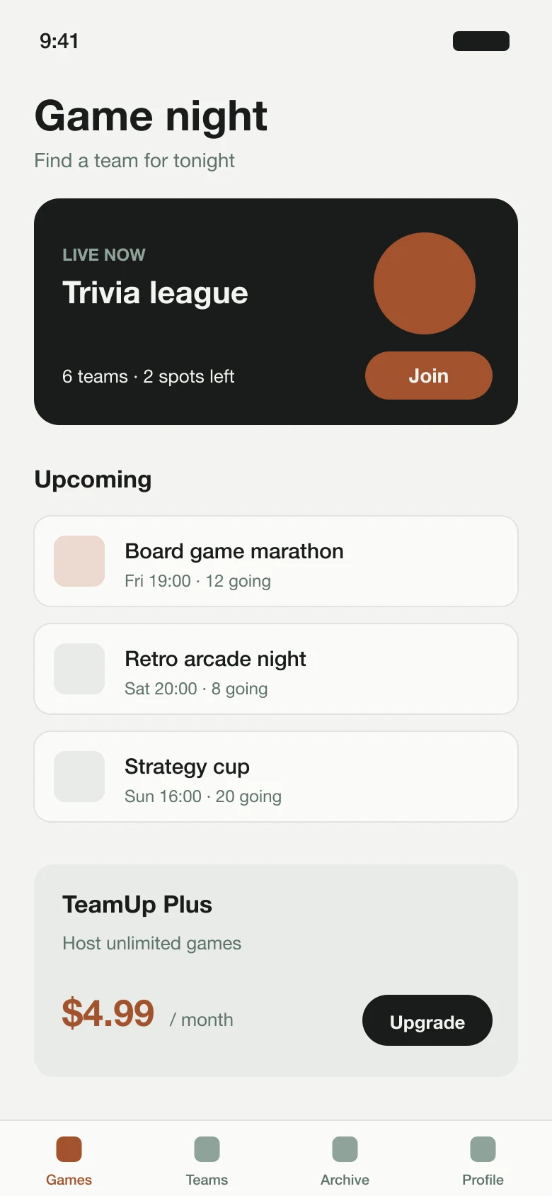 TeamUp Social's game night screen with live and upcoming games