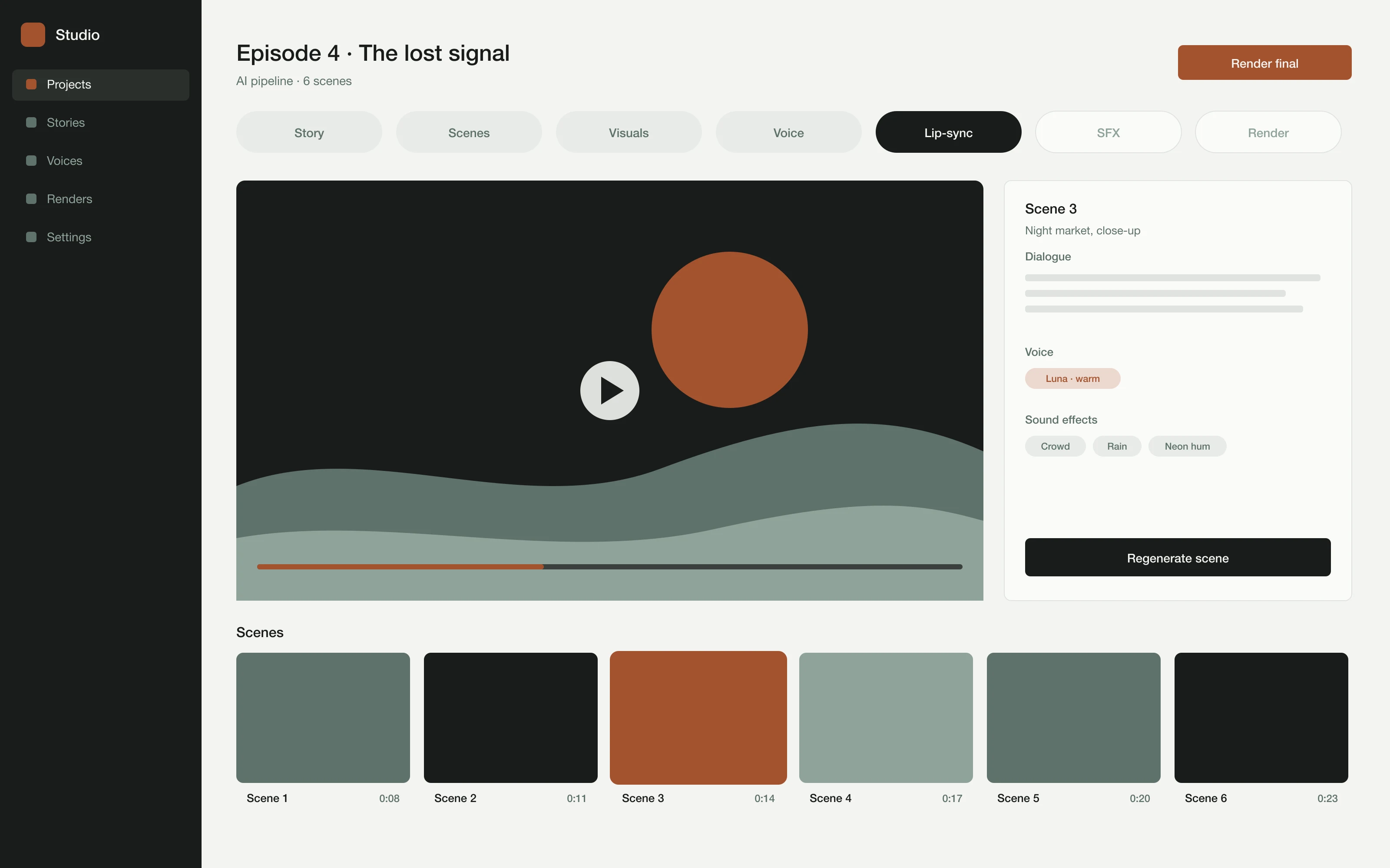 The video studio pipeline with scenes, voice and sound for an episode