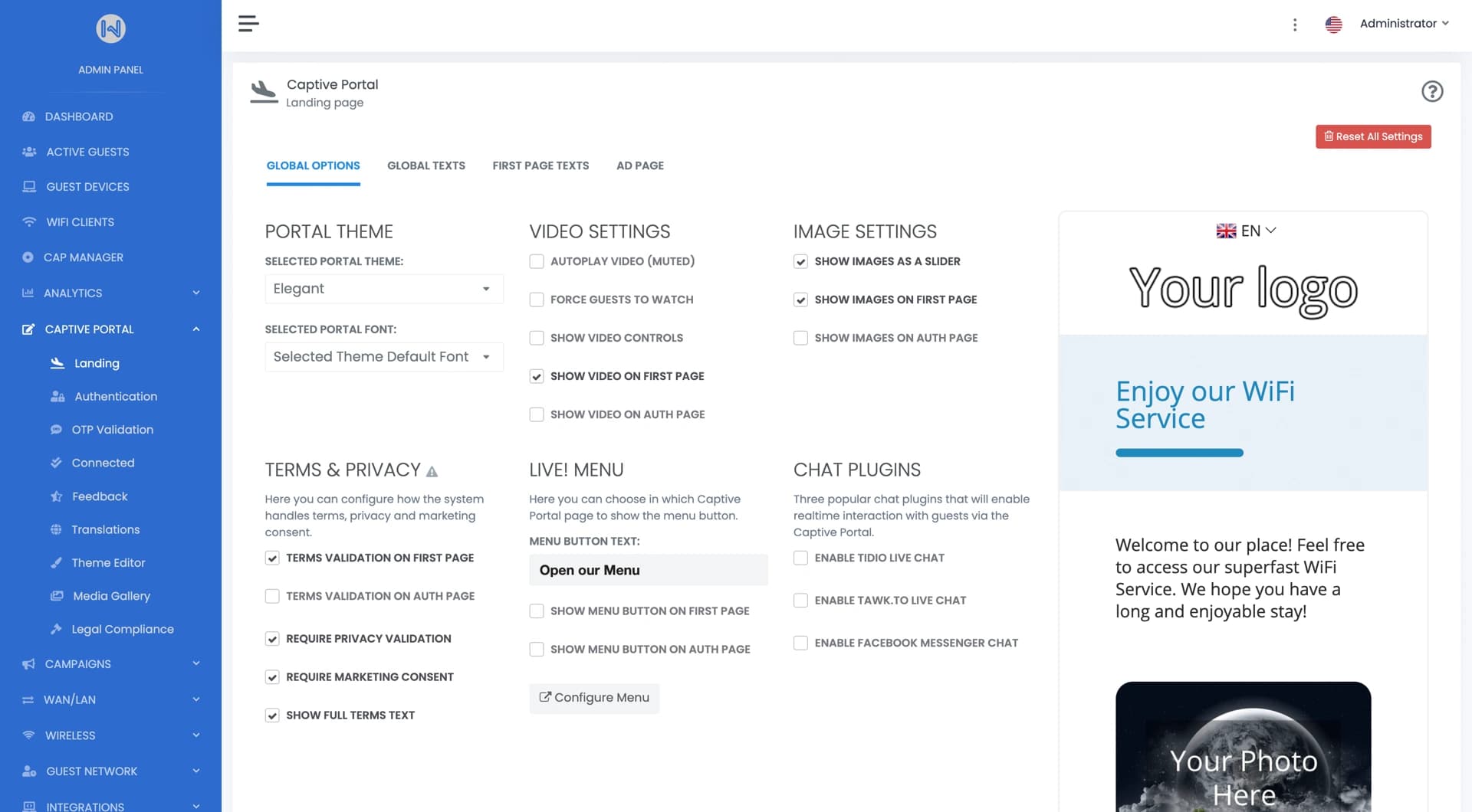 Captive portal settings with theme, video, image and terms options beside a live preview