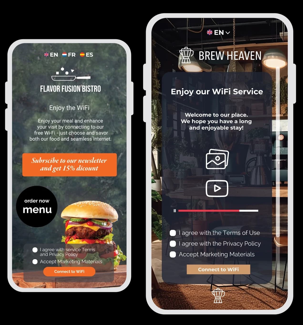 Two branded guest WiFi portals on phones, for a bistro and a coffee house