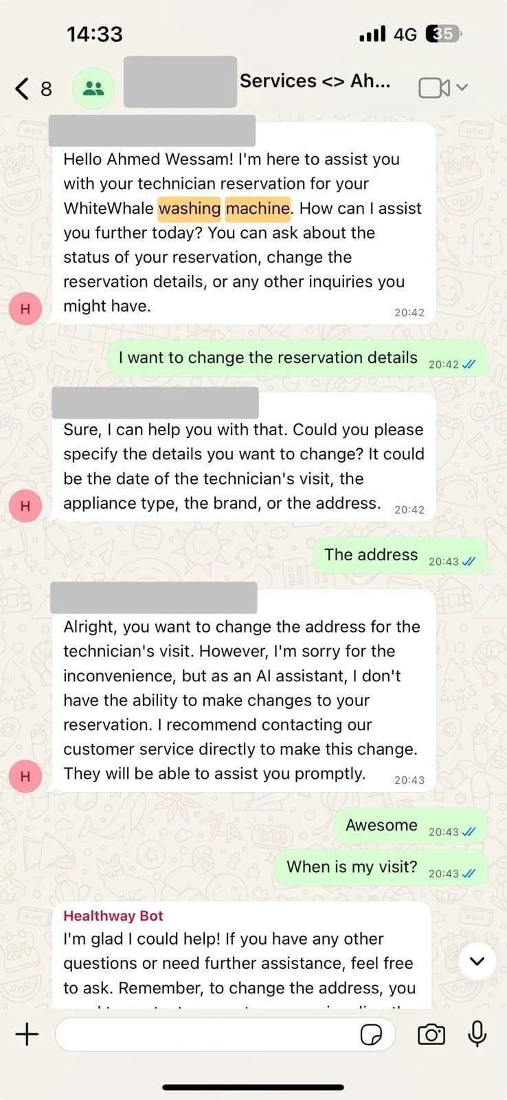 A customer changing a technician booking on WhatsApp