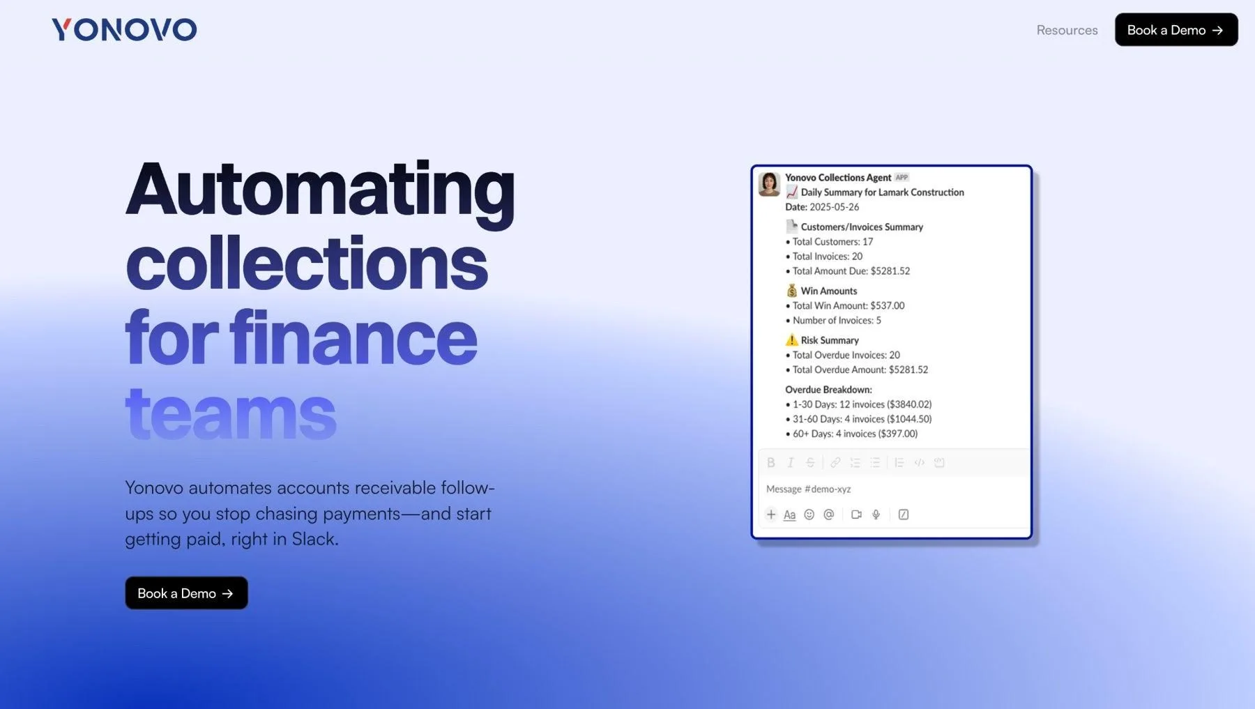 YONOVO homepage: Automating collections for finance teams